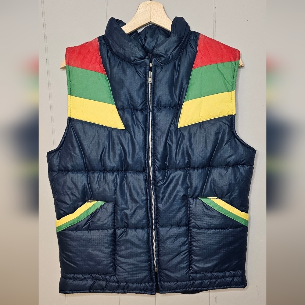 70s Vintage Troy Navy Color Block Puffer Vest, Womens Petite Large